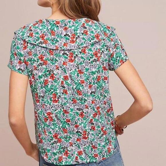 Maeve Anthropologie floral short sleeve button-up top with V-neckline and collar - Picture 3 of 4
